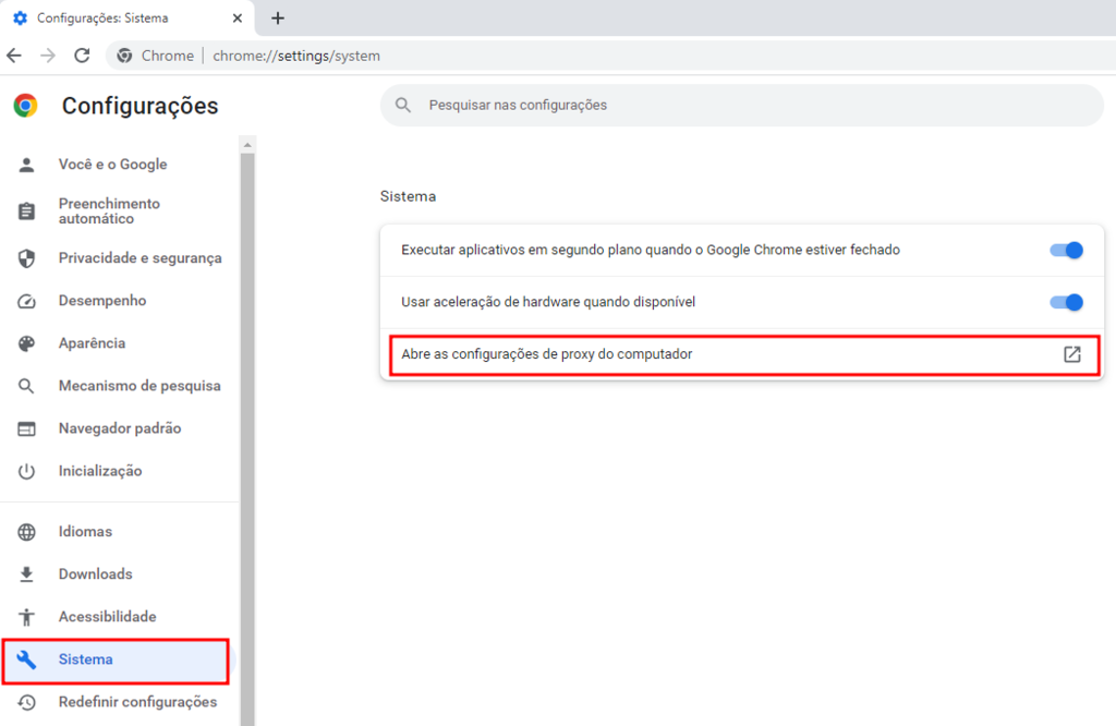 Botão de configurações de proxy no Google Chrome