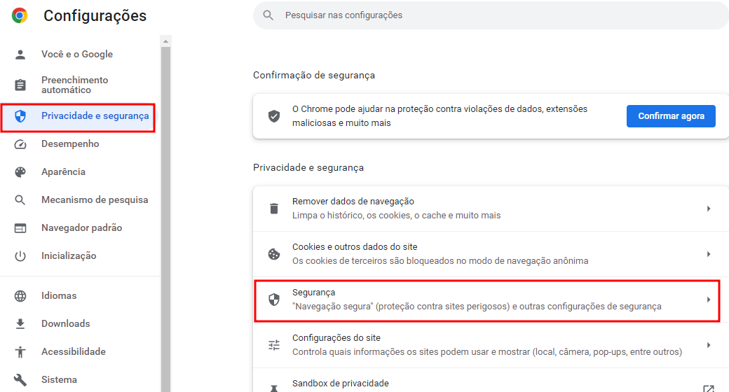 Botão “Segurança” na seção Privacidade e Segurança das configurações do Google Chrome