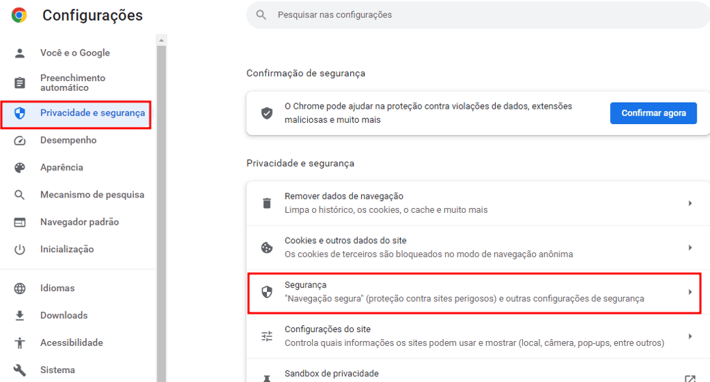 Botão “Segurança” na seção Privacidade e Segurança das configurações do Google Chrome