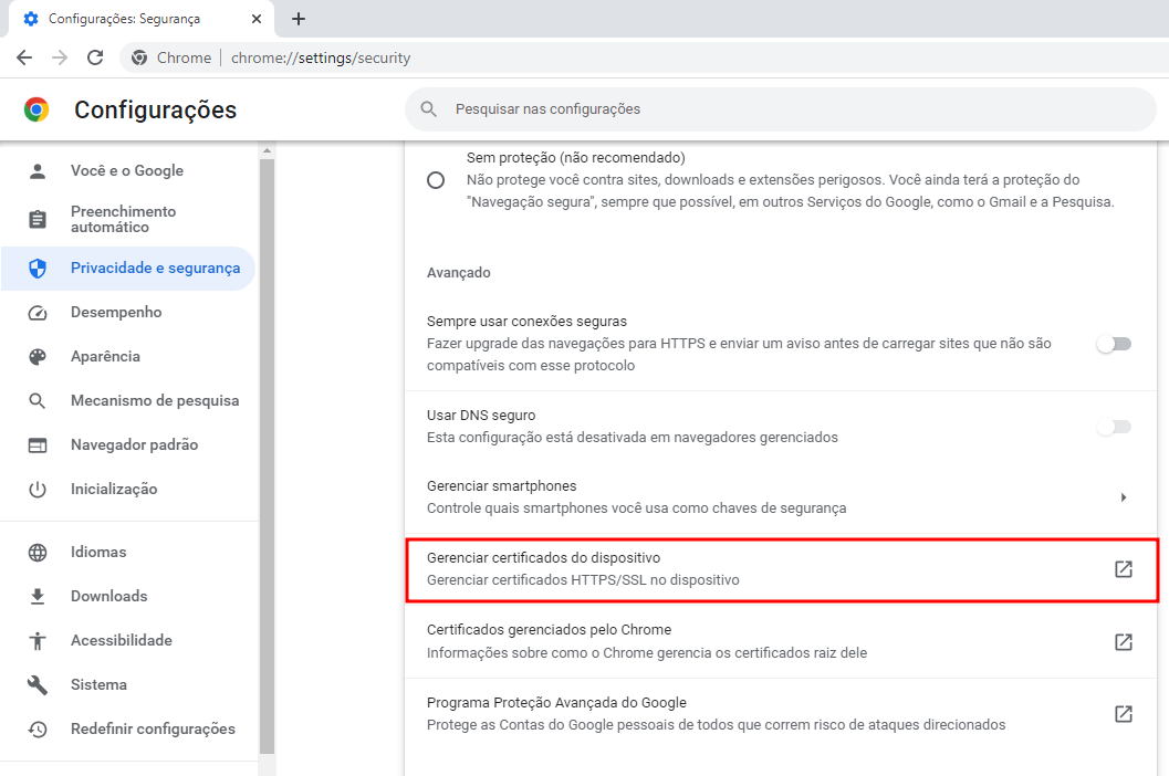 Botão de gerenciamento de certificados nas configurações do Google Chrome