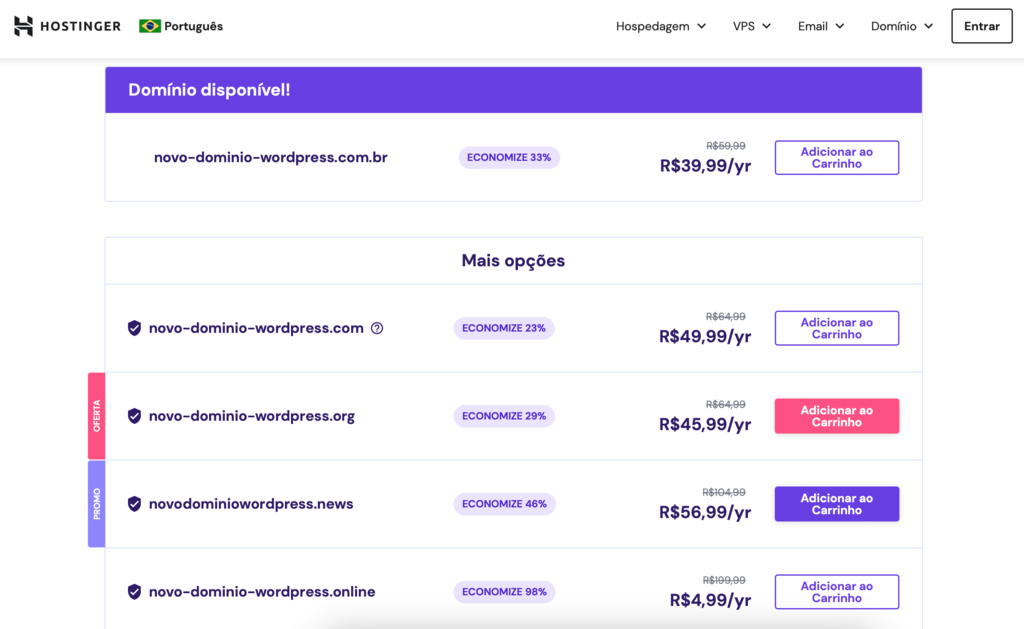 escolhendo e comprando domínio na hostinger