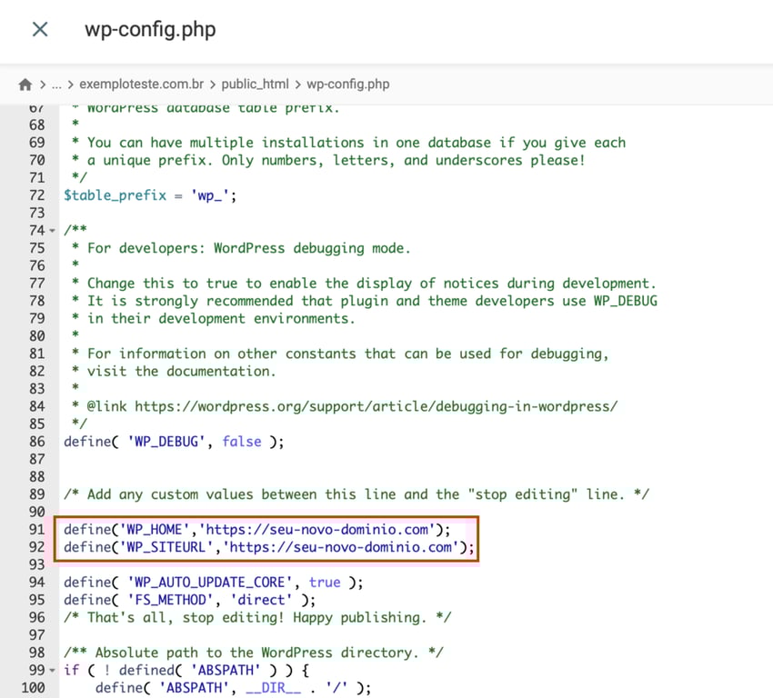 modificando arquivo wp-config.php para alterar domínio de site wordpress