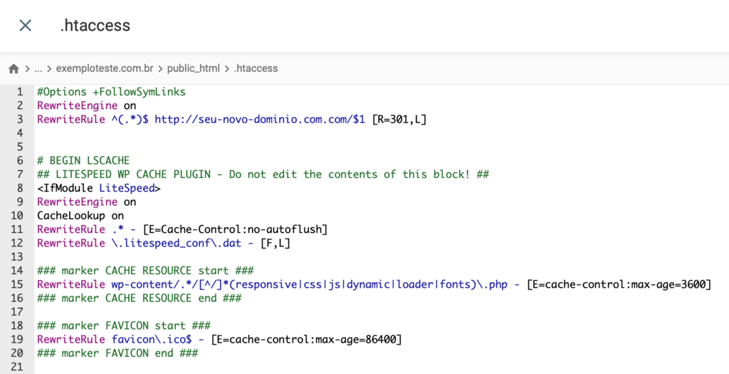 alterando código do .htaccess para mudar domínio de site wordpress