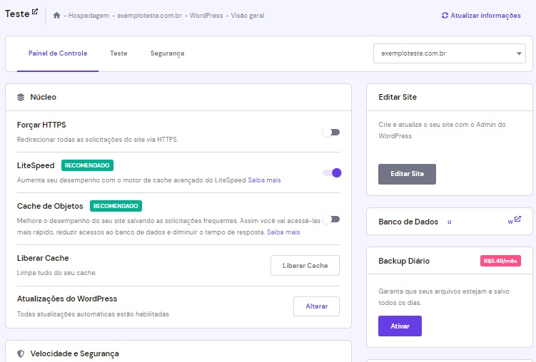 Painel de controle do WordPress no hPanel da Hostinger