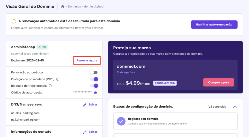 op&ccedil;&atilde;o "renovar agora" no painel de dom&iacute;nio do hpanel
