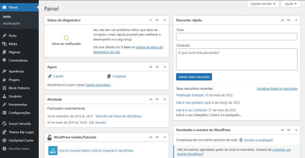tela inicial do dashboard do wordpress