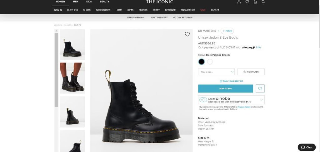 p&aacute;gina de produto do e-commerce the iconic