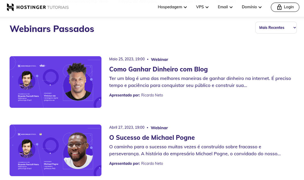 p&aacute;gina com os webinars recentes da Hostinger