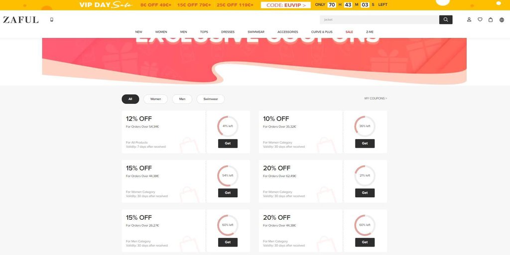 p&aacute;gina de cupons da zaful
