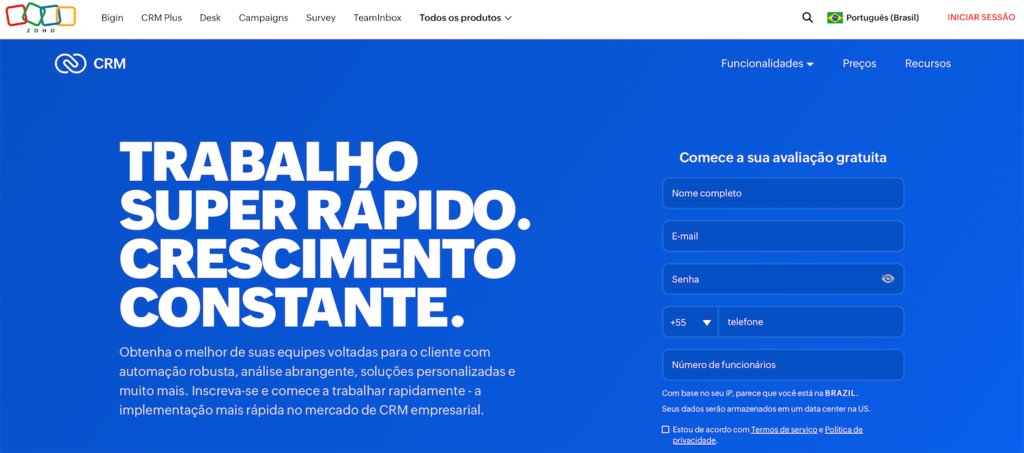 p&aacute;gina inicial do zoho crm