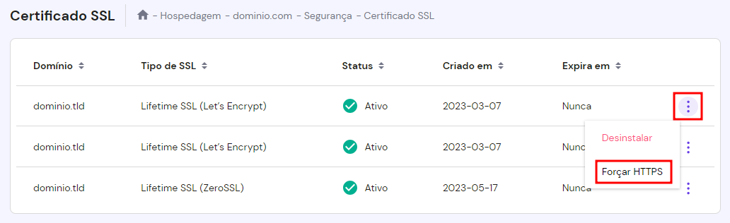 Botões no hPanel para forçar o HTTPS