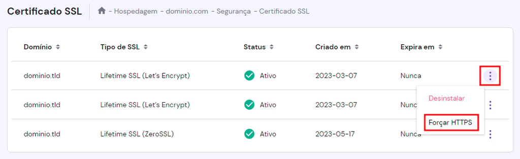 Botões no hPanel para forçar o HTTPS