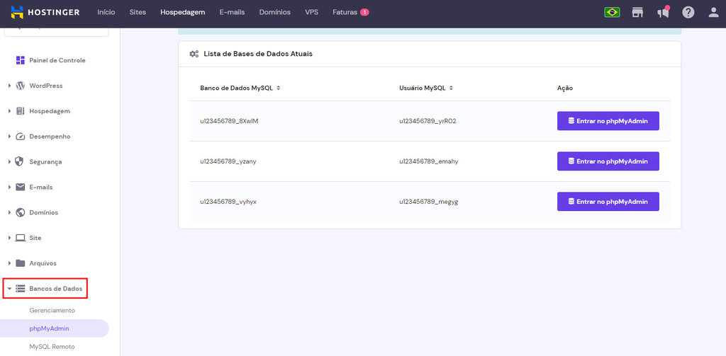 hpanel da hostinger com banco de dados em destaque e exibindo o phpmyadmin