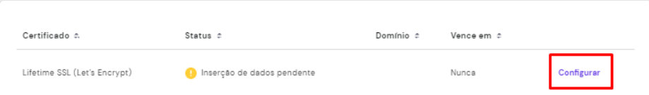 Botão para configurar um certificado SSL