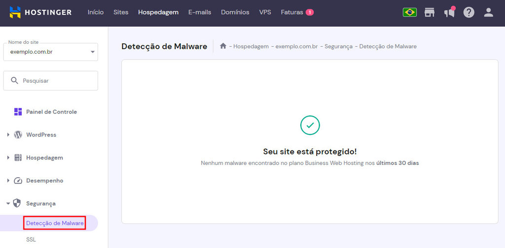 opção de detecção de malware no hpanel da hostinger