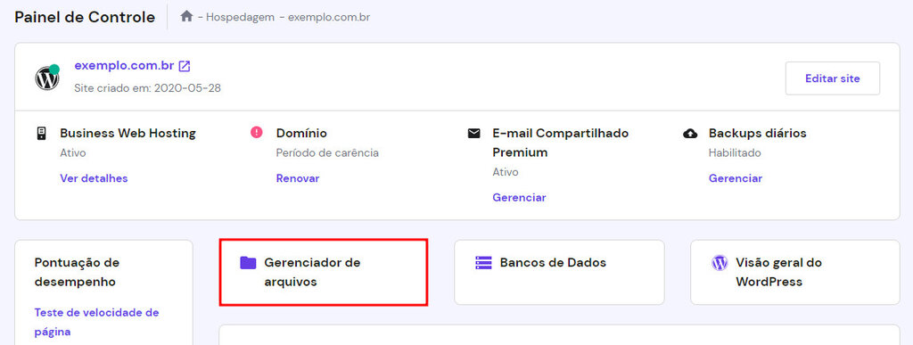 hpanel da hostinger com ícone do gerenciador de arquivos em destaque