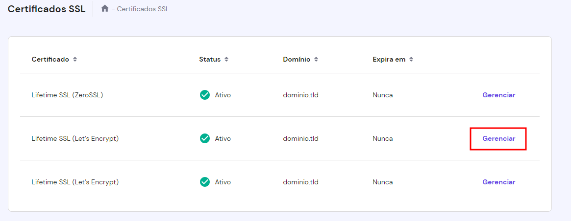 Botão no hPanel para gerenciar certificados SSL já instalados