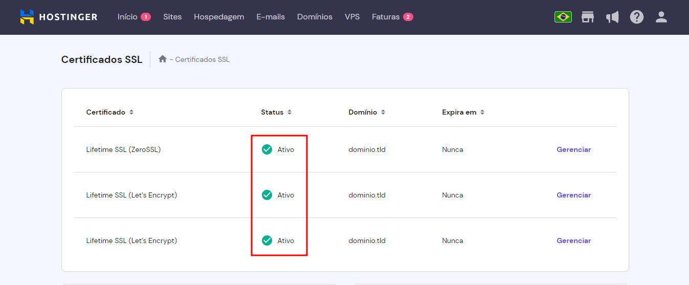 Indicador no hPanel mostrando que o certificado SSL está ativo