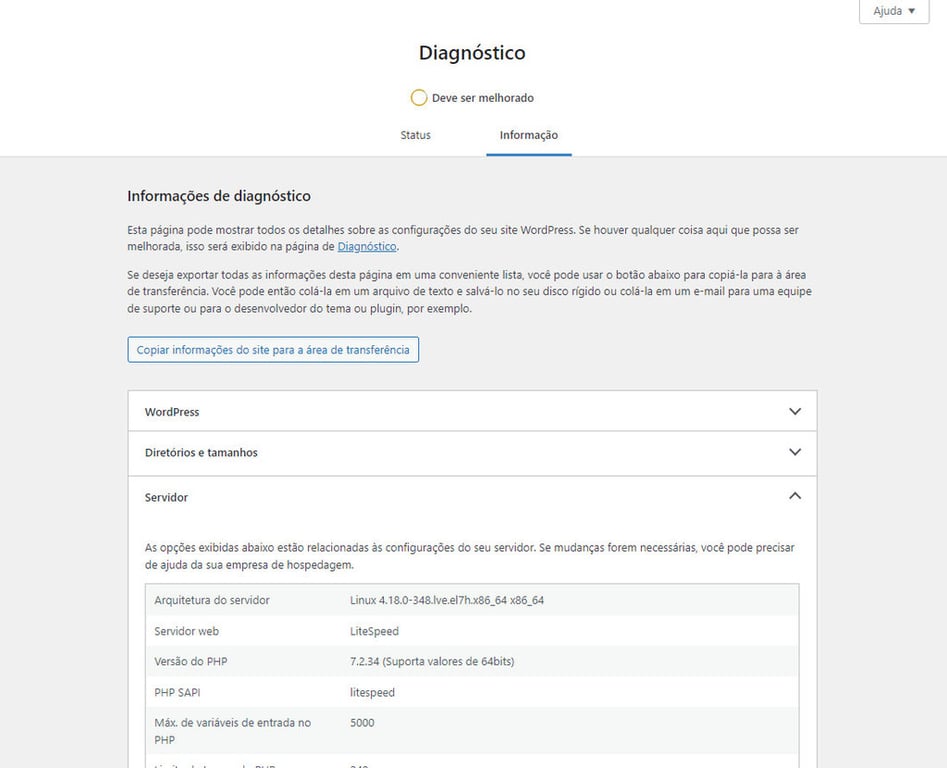 aba de informação da ferramenta de diagnóstico do WordPress com a opção Servidor aberta