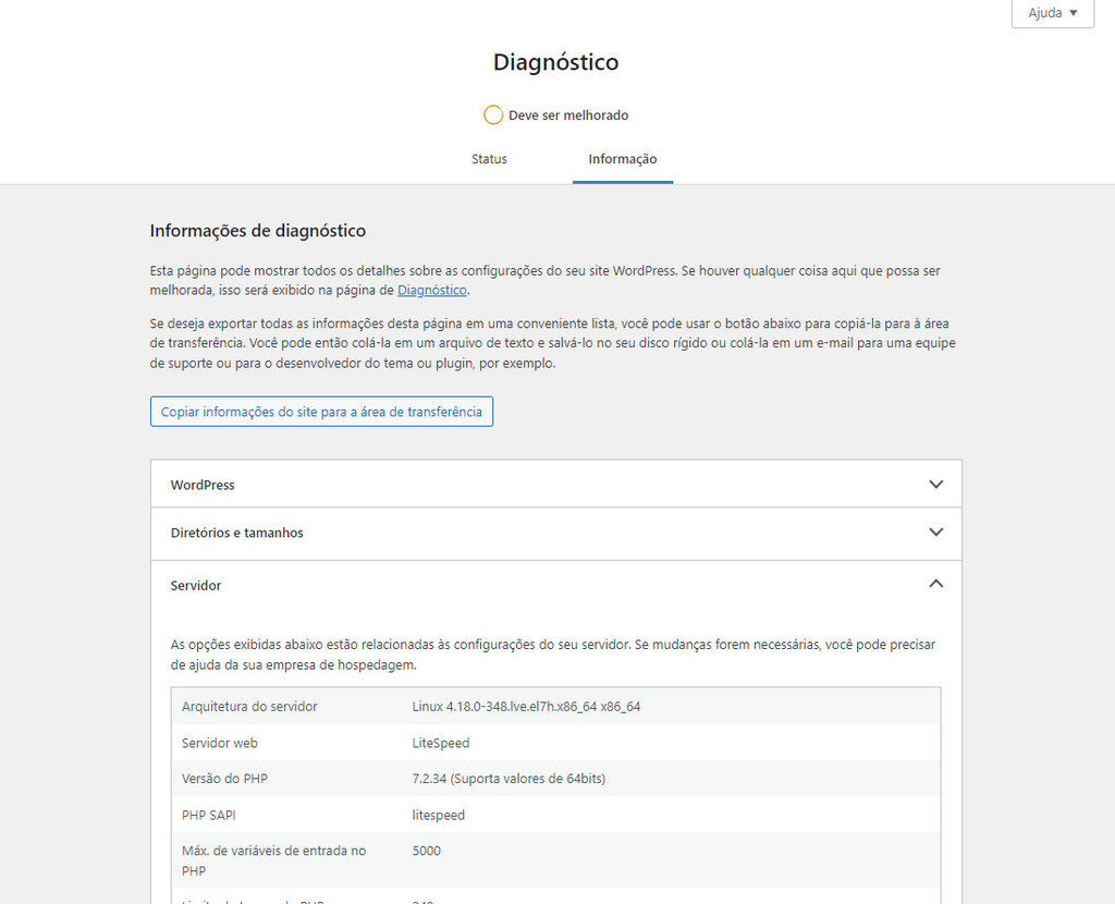 aba de informa&ccedil;&atilde;o da ferramenta de diagn&oacute;stico do WordPress com a op&ccedil;&atilde;o Servidor aberta