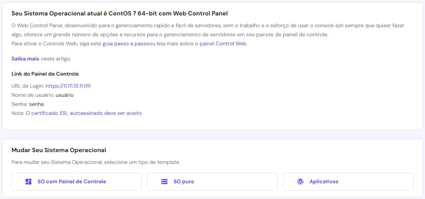 Menu de sele&ccedil;&atilde;o de sistema operacional do hPanel