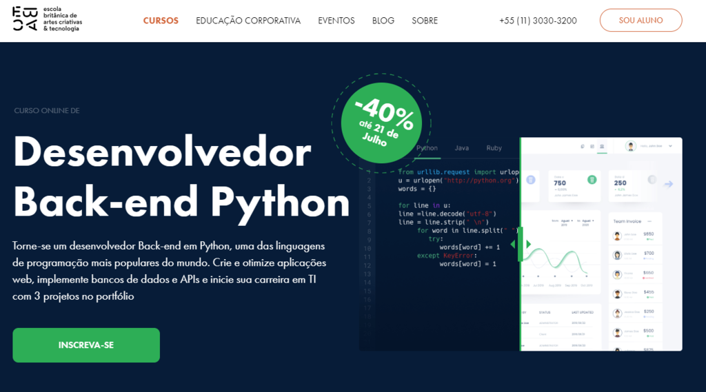 p&aacute;gina do curso de programa&ccedil;&atilde;o Desenvolvedor Back-end Python da EBAC