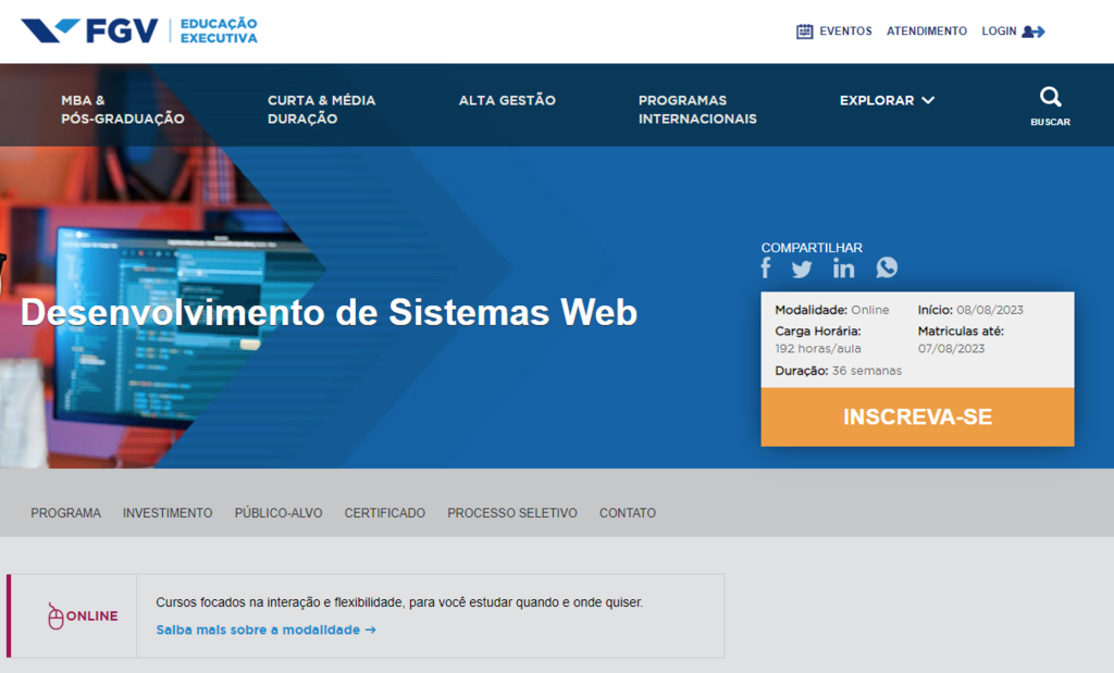 p&aacute;gina do curso de programador Desenvolvimento de Sistemas Web da FGV