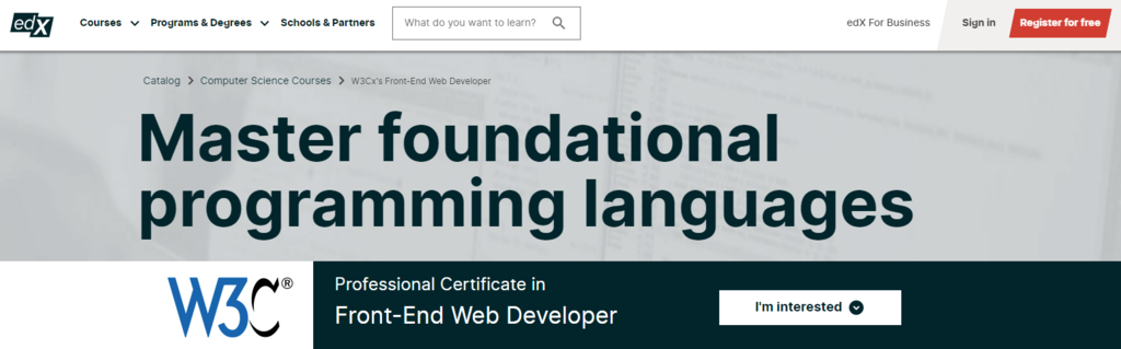 p&aacute;gina do curso de programador Certificado Profissional em Desenvolvimento Front-End da W3Cx