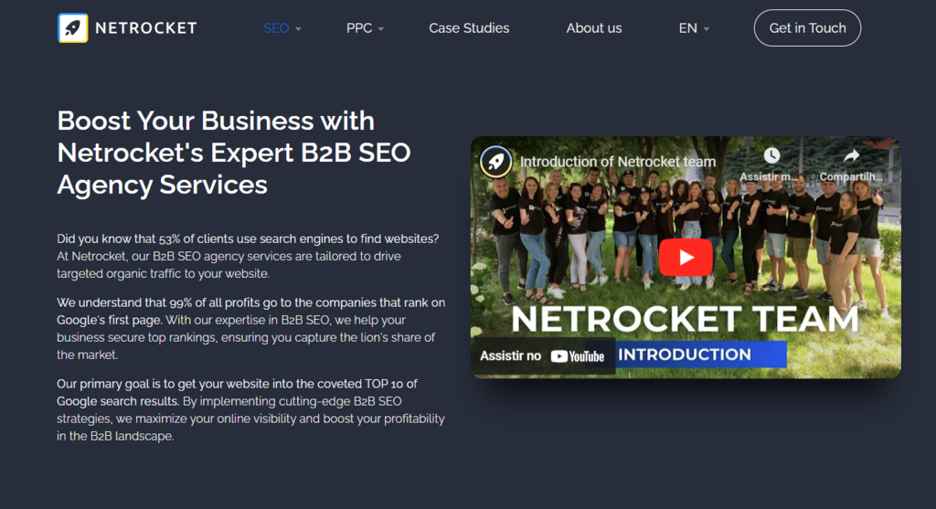 captura de tela da p&aacute;gina inicial da netrocket