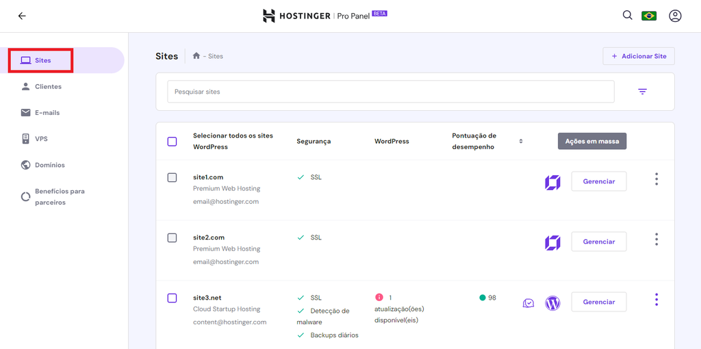 aba sites no pro panel da hostinger