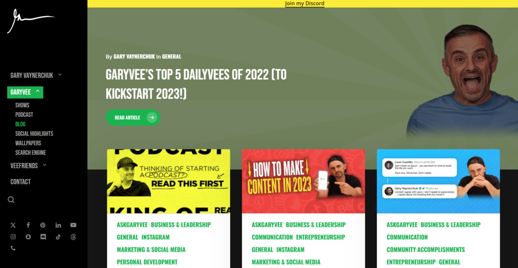 blog sobre empreendedorismo de gary vaynerchuk (página inicial)