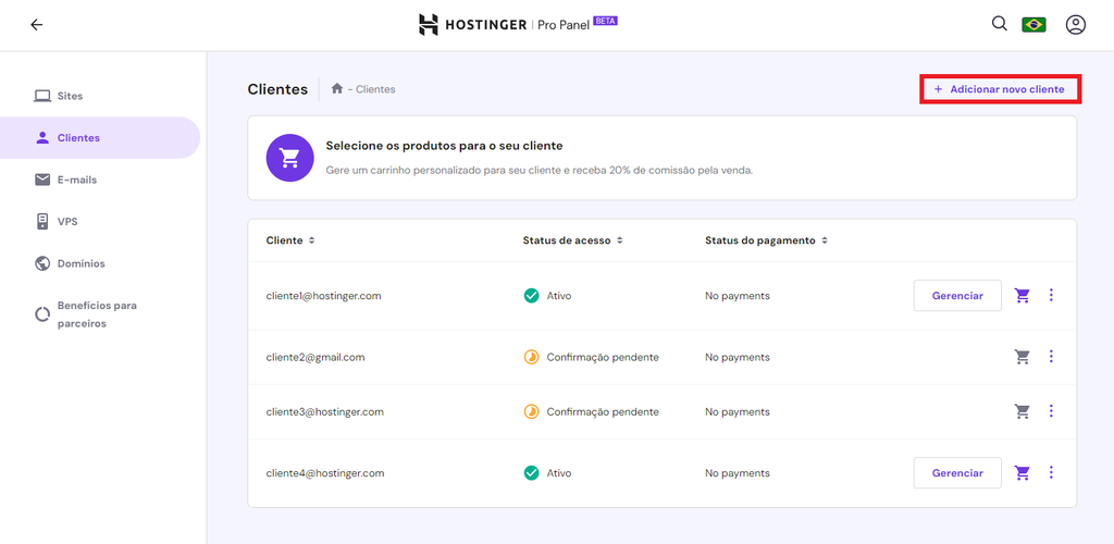 gerenciando clientes no pro panel