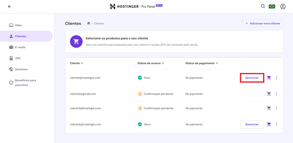 gerenciando clientes no pro panel