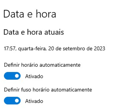 Menu Data e hora do Windows com as op&ccedil;&otilde;es Definir hor&aacute;rio automaticamente e Definir fuso hor&aacute;rio automaticamente selecionadas