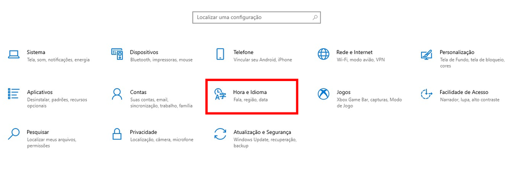 Op&ccedil;&atilde;o Hora e Idioma destacada no menu de configura&ccedil;&otilde;es do Windows