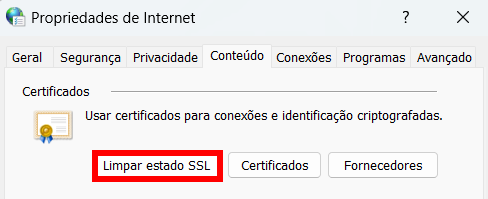 A aba Conte&uacute;do no menu Propriedades da Internet com o bot&atilde;o Limpar estado SSL destacado