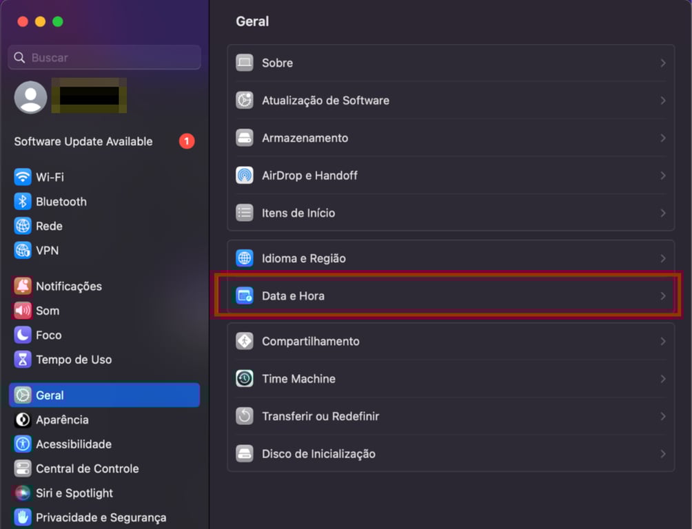 Menu de configura&ccedil;&otilde;es gerais no macOS, com a op&ccedil;&atilde;o Data e Hora destacada