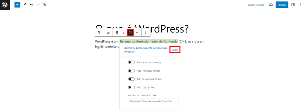O bot&atilde;o Editar no editor do Gutenberg destacado