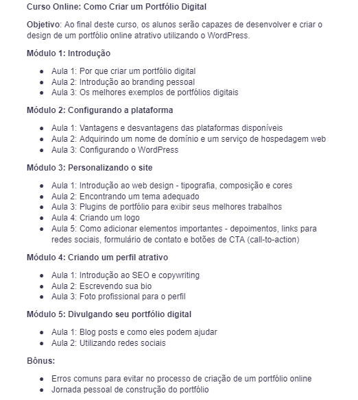 Exemplo de plano de ensino para curso online sobre cria&ccedil;&atilde;o de portf&oacute;lio digital