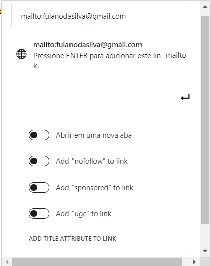 Um exemplo de um endere&ccedil;o mailto no editor Gutenberg