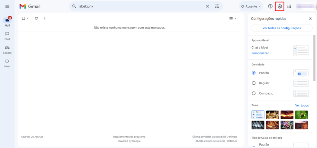 O &iacute;cone de engrenagem na caixa de entrada do Gmail destacado