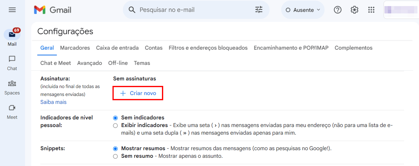 O bot&atilde;o Criar novo em Assinatura