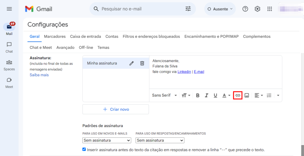 O &iacute;cone Link no editor de assinaturas do Gmail