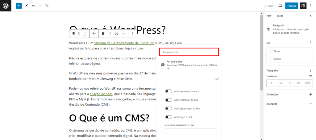 O campo URL no editor do Gutenberg destacado
