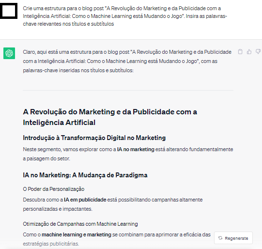 Input no chatgpt: "Crie uma estrutura para o blog post "A Revolu&ccedil;&atilde;o do Marketing e da Publicidade com a Intelig&ecirc;ncia Artificial: Como o Machine Learning est&aacute; Mudando o Jogo". Insira as palavras-chave relevantes nos t&iacute;tulos e subt&iacute;tulos". Output com t&iacute;tulo, subt&iacute;tulo, introdu&ccedil;&atilde;o e sess&otilde;es
