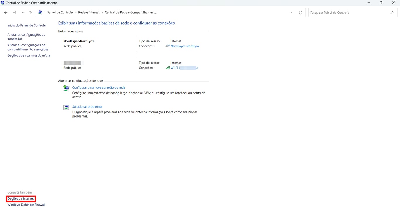 Central de Rede e Compartilhamento do Windows com as Op&ccedil;&otilde;es da Internet destacadas