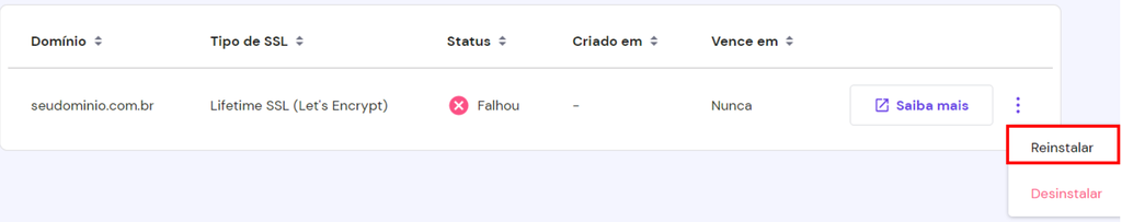 Menu SSL no hPanel com op&ccedil;&atilde;o Reinstalar destacada 