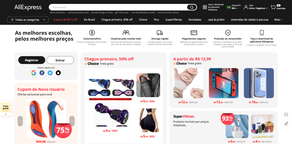 p&aacute;gina inicial da aliexpress