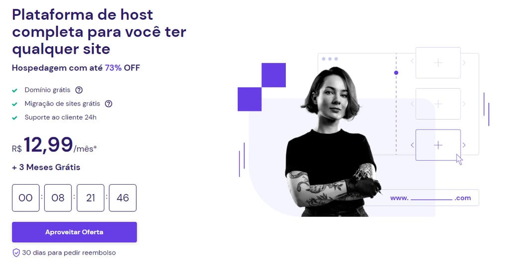 Exemplo de CTA no site da Hostinger, com destaque no bot&atilde;o de aproveitar oferta
