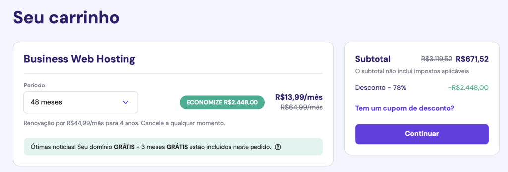 carrinho: comprando hospedagem business na hostinger